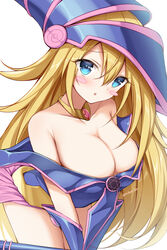  absurdres bare_shoulders bent_over blonde_hair blue_eyes blush_stickers breasts cleavage cowboy_shot dark_magician_girl duel_monster female hat highres irokari large_breasts long_hair looking_at_viewer parted_lips pentacle simple_background solo star-shaped_pupils star_(symbol) symbol-shaped_pupils wand white_background wizard_hat yu-gi-oh! 