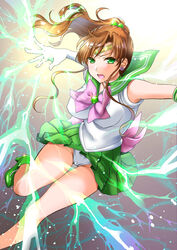  :o abe_hikaru absurdres back_bow bare_legs bishoujo_senshi_sailor_moon bow brooch brown_hair circlet commentary_request earrings elbow_gloves electricity female gloves green_eyes green_footwear green_sailor_collar green_skirt hair_bobbles hair_ornament high_ponytail highres jewelry kino_makoto leotard leotard_peek long_hair looking_at_viewer magical_girl open_mouth pink_bow pleated_skirt ponytail sailor_collar sailor_jupiter sailor_senshi_uniform shoes skirt skirt_flip solo white_gloves white_leotard 