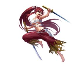  armpits artist_request barefoot breasts brown_eyes chest_sarashi dark_red_hair dual_wielding earrings erza_scarlet fairy_tail female full_body hair_between_eyes holding holding_sword holding_weapon japanese_clothes jewelry katana large_breasts long_hair looking_at_viewer midriff navel official_art open_mouth pants ponytail red_hair sarashi solo sword teeth tongue transparent_background underboob valkyrie_connect very_long_hair weapon 