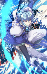  1boy absurdres blue_hair brooch fairy_ranmaru:anata_no_kokoro_otasuke_shimasu fairy_wings foot_out_of_frame hairband highres holding holding_whip ikenie18 jewelry looking_at_viewer male_focus purple_eyes seiren_uruu short_hair sidelocks solo water waving whip wings 