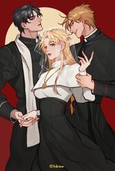  2boys black_hair blonde_hair blue_eyes capelet cassock clerical_collar dio_brando dress erina_pendleton female formal habit holding_another&#039;s_wrist jojo_no_kimyou_na_bouken jonathan_joestar long_hair multiple_boys nun phantom_blood priest red_eyes see-through sobi_(dnenqkswja) stole suit veil 