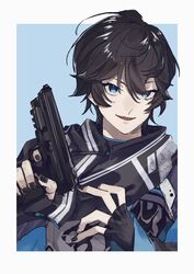  1boy axia_krone axia_krone_(1st_costume) black_gloves black_hair black_nails black_scarf blue_eyes border commentary daph_nia english_commentary fingerless_gloves gloves gun handgun highres holding holding_gun holding_weapon looking_ahead male_focus nijisanji open_mouth portrait protected_link scarf smile solo virtual_youtuber weapon white_border 