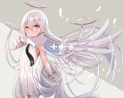  angel angel_wings bad_id bad_pixiv_id blush closed_mouth commentary dot_mouth dress feathered_wings feathers female fur_collar grey_background grey_wings hair_between_eyes halo highres long_hair looking_at_viewer low_wings original petals red_eyes see-through siragagaga sleeveless sleeveless_dress solo symbol-shaped_pupils two-tone_background very_long_hair white_background white_dress white_hair wings wrist_cuffs 