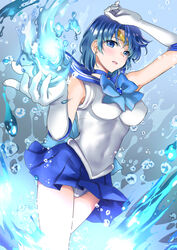  abe_hikaru absurdres back_bow bishoujo_senshi_sailor_moon blue_background blue_bow blue_eyes blue_hair blue_neckwear blue_sailor_collar blue_skirt blue_theme blush bow brooch choker circlet commentary_request covered_navel covered_nipples cowboy_shot female gradient_background grey_background highres hydrokinesis jewelry leotard leotard_peek looking_at_viewer magical_girl mizuno_ami open_mouth parted_lips pleated_skirt sailor_collar sailor_mercury sailor_senshi_uniform shine_aqua_illusion short_hair skirt skirt_flip solo water white_leotard 