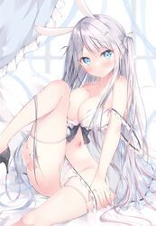  animal_ears babydoll bed_sheet blue_eyes blush breasts cleavage closed_mouth collarbone commentary female frilled_panties frills grabbing_own_thigh grey_hair highres large_breasts leg_up long_hair looking_at_viewer navel on_bed original panties panty_pull rabbit_ears sidelocks sitting solo stomach strap_slip symbol-only_commentary underwear watagashi_yui white_babydoll white_panties window 