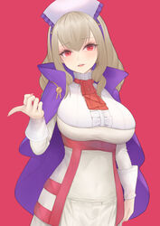  breasts dress female hair_between_eyes highres kumo_desu_ga_nani_ka? large_breasts long_hair long_sleeves looking_at_viewer mari_(doraerin0) mole mole_under_eye open_mouth red_eyes simple_background solo sophia_keren_(kumo_desu_ga_nani_ka?) teeth upper_teeth_only 