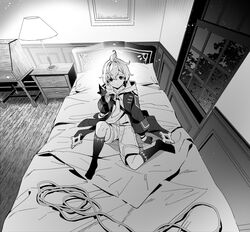  1boy bed bedroom black_socks commentary_request earrings genshin_impact gloves h02515419 hood hoodie jewelry lamp long_sleeves male_focus mika_(genshin_impact) monochrome necktie short_hair sitting socks solo window 