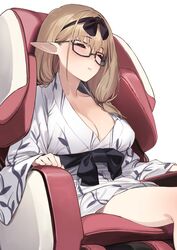  92m bath_yukata black-framed_eyewear black_hairband blonde_hair blue_archive blush breasts brown_hair chinatsu_(blue_archive) chinatsu_(hot_spring)_(blue_archive) cleavage closed_eyes commentary elf female glasses hair_ribbon hairband highres japanese_clothes kimono large_breasts long_hair massage_chair medium_hair official_alternate_costume onsen parted_lips pointy_ears ribbon simple_background sitting solo symbol-only_commentary white_background white_kimono yukata 