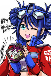  absurdres artist_name autobot blue_eyes blue_gloves box bumblebee_(transformers) crop_top dated din_djarin double_bun eyewear_on_head female fingerless_gloves genderswap_(mtf) gloves grogu hair_bun happy_valentine highres holding holding_box humanization kotobukiya_bishoujo logo one_eye_closed optimus_prime optimus_prime_(kotobukiya_bishoujo) rule_63 sakamoto_hayato smile solo star_wars strapless the_mandalorian transformers transformers:_generation_1 tube_top upper_body valentine white_background white_tube_top 