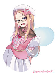  absurdres ankle_boots beret blonde_hair blue_eyes blush boots bow commission dress female flower_skirt glasses gloves hair_ornament hair_ribbon hat hat_bow heart heart_hair_ornament highres long_hair looking_at_viewer magical_girl nia_jones open_mouth oregaihanboshi original pink_dress pink_footwear pink_ribbon ribbon skeb_commission skirt smile solo transparent_wings white_background white_gloves white_skirt 