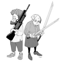  2girls crocs curly_hair dual_wielding greyscale gun holding holding_gun holding_sword holding_weapon jacket jowls katana m60 miyuli monochrome multiple_girls old old_woman original shoes short_hair simple_background skirt sword weapon white_background zipper 