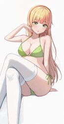  :o adjusting_hair aftamc arm_behind_back arm_support bare_shoulders bikini blunt_bangs blush breasts cleavage collarbone commentary crossed_legs feet_out_of_frame female green_bikini green_eyes hairband hand_up heanna_sumire highres large_breasts looking_at_viewer love_live! love_live!_superstar!! orange_hairband parted_lips side-tie_bikini_bottom sidelocks simple_background solo straight_hair swimsuit thighhighs thighs white_background white_thighhighs 