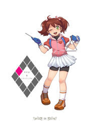  absurdres backpack bad_id bad_pixiv_id bag bike_shorts brown_hair female full_body gloves green_eyes hair_ribbon heart_on_chest highres jacket long_hair looking_at_viewer one_eye_closed open_mouth ribbon saru_getchu sayaka_(saru_getchu) short_twintails shorts shorts_under_skirt simple_background skirt smile solo touyama_sairi twintails white_background white_skirt 