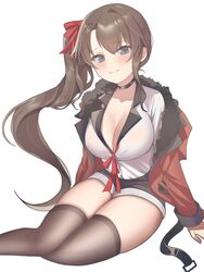  black_choker black_shorts blue_eyes breasts brown_hair brown_thighhighs buttons choker cleavage closed_mouth collared_shirt commission dress_shirt female female_commander_(girls&#039;_frontline) fur_trim girls&#039;_frontline hair_ribbon highres jacket journey_in_the_auspicious_snow_(girls&#039;_frontline) large_breasts long_sleeves micro_shorts off_shoulder open_clothes open_jacket original phago red_jacket red_ribbon ribbon shirt shirt_tucked_in shorts side_ponytail sidelocks simple_background sitting smile solo termichan_(not-a-bot) thick_thighs thighhighs thighs white_background white_shirt yokozuwari 