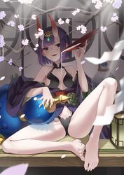  absurdres alcohol bad_id bad_pixiv_id bare_shoulders barefoot blush bob_cut breasts collarbone cup eyeliner fate/grand_order fate_(series) feet female gourd headpiece highres horns japanese_clothes kimono kimyo legs long_sleeves looking_at_viewer makeup obi off_shoulder oni open_mouth pouring pouring_onto_self purple_eyes purple_hair purple_kimono revealing_clothes sakazuki sake sash short_hair shuten_douji_(fate) sitting skin-covered_horns small_breasts smile solo spread_legs toes wide_sleeves 