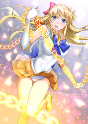  :o abe_hikaru absurdres aino_minako back_bow bishoujo_senshi_sailor_moon blonde_hair blue_bow blue_eyes bow brooch choker circlet commentary_request cowboy_shot elbow_gloves female gloves gradient_background grey_background hairbow heart highres jewelry leotard leotard_peek long_hair looking_at_viewer magical_girl miniskirt open_mouth orange_choker orange_footwear orange_sailor_collar orange_skirt pleated_skirt red_bow sailor_collar sailor_senshi_uniform sailor_venus serious shoes skirt skirt_flip solo standing standing_on_one_leg venus_love_me_chain white_background white_gloves white_leotard 