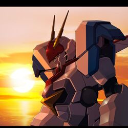  d-1 from_side g.yamamoto highres kikou_senki_dragonar letterboxed looking_down mecha no_humans robot science_fiction solo sunset upper_body water yellow_eyes 