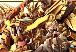  ^_^ animal_ear_fluff animal_ears blonde_hair blue_eyes blush breasts chinese_zodiac closed_eyes elbow_gloves fangs female gloves grey_gloves grey_legwear highres in_palm mecha on_mecha original robot science_fiction short_hair shoulder_cannon sibelurabbi sitting small_breasts smile super_robot thighhighs tiger_ears tiger_girl v-fin year_of_the_tiger 