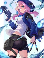  arknights black_shorts blue_eyes blue_jacket blue_poison_(arknights) blue_poison_(elite_ii)_(arknights) breasts commentary_request cowboy_shot crossbow female hair_between_eyes head_tilt highres holding holding_crossbow holding_weapon hood hooded_jacket jacket long_hair long_sleeves looking_at_viewer low_twintails medium_breasts midriff_peek pink_hair pouch shirt shorts solo spica_(spica_1510) standing thigh_strap thighs twintails weapon white_shirt 