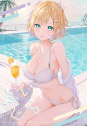  alternate_costume aqua_eyes bad_id bad_pixiv_id bare_shoulders bikini blonde_hair bracelet breasts cleavage cover cover_page cup day drinking_glass female food fruit hair_ribbon halterneck highres iris_black_games jewelry kinako_(shiratama_mochi) kurumi_noah lace-trimmed_bikini lace_trim light_rays looking_at_viewer medium_breasts navel necklace off_shoulder open_clothes orange_(fruit) orange_slice parted_lips pool ribbon short_hair side-tie_bikini_bottom sitting solo stomach stool string_bikini sunbeam sunlight swimsuit thighs two_side_up virtual_youtuber vspo! white_bikini 