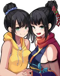  2girls arm_guards bare_shoulders black_hair blue_kimono blue_ribbon blue_scrunchie blunt_bangs bow breasts bridal_gauntlets closed_mouth collarbone dual_persona fishnet_bridal_gauntlets floral_print flower from_side green_eyes hair_bun hair_flower hair_ornament hair_scrunchie hairbow hamaguchi_ayame highres holding_hands hood hood_down hoodie idashige_(walkietalkie) idolmaster idolmaster_cinderella_girls idolmaster_cinderella_girls_starlight_stage interlocked_fingers japanese_clothes kimono long_hair looking_at_viewer medium_breasts multiple_girls ninja obi obiage obijime open_mouth print_ribbon red_flower red_scarf ribbon sash scarf scrunchie shirt side_slit sideboob sidelocks simple_background single_hair_bun sleeveless sleeveless_hoodie sleeveless_kimono smile teeth upper_body upper_teeth_only white_background white_shirt yellow_hoodie 