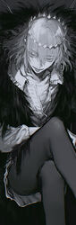  1boy absurdres au_(d_elete) cape collarbone collared_shirt crossed_legs crown diamond_hairband evil_smile fate/grand_order fate_(series) fur-trimmed_cape fur_trim greyscale highres long_hair long_sleeves looking_at_viewer male_focus monochrome oberon_(fate) oberon_(third_ascension)_(fate) shirt smile solo spoilers 