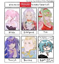  1boy 5girls ascot aubz barthe_(fire_emblem) black_jacket blue_eyes blue_hair breasts brown_eyes byleth_(female)_(fire_emblem) byleth_(fire_emblem) cleavage edelgard_von_hresvelg english_commentary english_text fire_emblem fire_emblem:_the_binding_blade fire_emblem:_three_houses fire_emblem_awakening gold_headband grey_hair hair_behind_ear highres hilda_valentine_goneril jacket looking_up medium_breasts multiple_drawing_challenge multiple_girls parted_lips pink_hair pointy_ears ponytail six_fanarts_challenge smile sparkle speech_bubble tharja_(fire_emblem) tiki_(adult)_(fire_emblem) tiki_(fire_emblem) twintails two_side_up white_ascot 