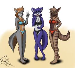  4_toes anthro barefoot bikini black_bikini black_clothing black_swimwear bloodline bloodline_(webcomic) blue_bikini blue_body blue_clothing blue_fur blue_swimwear brown_body brown_fur canid canine canis chest_tuft claws clothed clothing confident dekaisen ember_(bloodline) feet female fox fur green_eyes grey_body grey_fur group hair hi_res hyena looking_at_viewer mammal plantigrade red_bikini red_clothing red_swimwear shy side-tie_bikini sil_(bloodline) simple_background smile string_bikini striped_body striped_fur striped_hyena stripes swimwear toes tuft vivian_(bloodline) white_body white_fur wolf yellow_eyes 