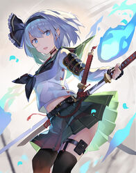  alternate_costume arm_at_side armor belt belt_buckle black_belt black_choker black_hairband black_neckerchief black_ribbon black_thighhighs blue_eyes blurry bob_cut breasts bright_pupils buckle choker commentary cowboy_shot ear_piercing falken_(yutozin) female fingerless_gloves floating_hair frilled_ribbon frills gloves green_sailor_collar green_skirt grey_hair hair_between_eyes hair_ribbon hairband highres hitodama holding holding_sword holding_weapon japanese_armor katana konpaku_youmu konpaku_youmu_(ghost) kote kurokote leaning_forward legwear_garter long_sleeves looking_at_viewer looking_to_the_side midriff_peek miniskirt multiple_belts neckerchief open_mouth piercing pleated_skirt red_ribbon ribbon sageo sailor_collar same-hada scabbard school_uniform serafuku sheath sheathed shirt short_hair shoulder_armor sidelocks skirt small_breasts solo sword tassel thigh_strap thighhighs touhou unsheathing upskirt weapon white_pupils white_shirt 