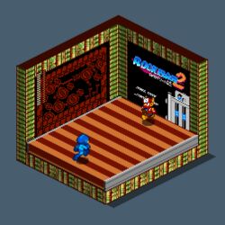  2boys animated animated circular_saw commentary conveyor_belt english_commentary health_bar humanoid_robot isometric mega_man_(character) mega_man_(classic) mega_man_(series) mega_man_2 metal_man mixed-language_commentary multiple_boys pixel_art robot saw title_screen wanpaku_pixels 