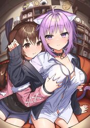  2girls animal_ears bookshelf breasts brown_eyes brown_hair cat_girl couch dog_girl fisheye grabbing grabbing_another&#039;s_breast hairband heart heart-shaped_pupils highres hololive inugami_korone inugami_korone_(loungewear) multiple_girls nekomata_okayu nekomata_okayu_(oversized_shirt) official_alternate_costume purple_eyes purple_hair shirokuma_1231 shirt symbol-shaped_pupils tail virtual_youtuber white_shirt yuri 