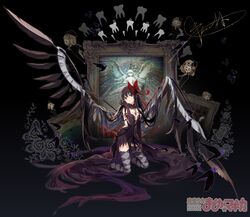  absurdres akemi_homura akuma_homura argyle_clothes argyle_legwear bare_shoulders bird black_background black_collar black_dress black_feathers black_gloves black_hair black_wings blush bow chinese_commentary clara_dolls_(madoka_magica) collar commentary_request copyright_name covered_navel dress elbow_gloves feathers female from_side full_body gloves grey_thighhighs hairband hairbow hand_in_own_hair hand_on_own_thigh hand_up highres kaname_madoka kneeling lace_collar long_hair looking_at_viewer mahou_shoujo_madoka_magica mahou_shoujo_madoka_magica:_hangyaku_no_monogatari painting_(object) parted_lips picture_frame purple_eyes red_hairband shan_tong_tong solo strapless strapless_dress teeth thighhighs ultimate_madoka very_long_hair wings 