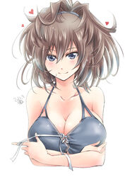  alternate_breast_size alternate_costume bikini bikini_top_only black_bikini blue_eyes breast_hold breasts brown_hair cleavage dated female heart kantai_collection large_breasts long_hair matsuura@parao messy_hair sheffield_(kancolle) simple_background smile swimsuit upper_body white_background 