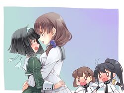  0_0 4girls ahoge arms_around_waist ayanokouji_martial_arts_school_uniform black_hair blush brown_hair chibi commentary_request hair_ornament hair_ribbon hair_scrunchie hairband height_difference heijou_institute_school_uniform hug long_hair mizushina_kinuka mizushina_waka multiple_girls musumi_kiyoka open_mouth polka_dot_hairband ribbon school_uniform scrunchie short_hair simple_background sweatdrop takano_natsuki toji_no_miko wavy_mouth yamashiro_yui yuri 