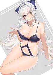  azur_lane bare_shoulders bikini bow breasts chichikoucha cleavage clothing_cutout female grey_background grey_eyes hairbow highres large_breasts linked_bikini long_hair monokini navel_cutout o-ring o-ring_swimsuit official_alternate_costume pulling_own_clothes purple_bikini purple_bow simple_background sitting solo strap_pull swimsuit two-tone_background very_long_hair vittorio_veneto_(azur_lane) vittorio_veneto_(the_flower_of_la_spezia)_(azur_lane) white_background white_hair 