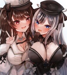  2girls :d azur_lane black_dress black_gloves black_hair black_ribbon blue_eyes blush breast_press breasts brown_hair cleavage coat commentary cross dress elbe_(azur_lane) fur-trimmed_coat fur_trim gloves grey_hair hair_ribbon hand_to_own_mouth hands_up hat highres ichigo_moka iron_cross large_breasts long_hair looking_at_viewer multicolored_hair multiple_girls one_side_up pamiat_merkuria_(azur_lane) pink_eyes red_eyes ribbon smile smug streaked_hair symmetrical_docking trait_connection two-tone_hair upper_body v very_long_hair white_coat white_dress 