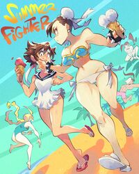  1boy 4girls ahoge beach bikini blonde_hair bracelet braid brown_hair bun_cover cammy_white chun-li commentary day double_bun earrings english_commentary english_text food food_on_face hair_bun headband hibiki_dan highres holding holding_food ibuki_(street_fighter) ice_cream jewelry kasugano_sakura long_hair male_swimwear multiple_girls one-piece_swimsuit palm_tree ponytail rafchu sand sandals sarashi scar scar_on_leg short_hair side-tie_bikini_bottom sky spiked_bracelet spikes street_fighter swim_trunks swimsuit tree twin_braids volleyball water wiping_face 