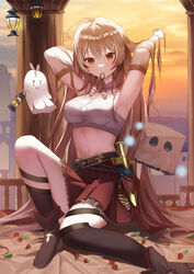  absurdres ahoge armpits arms_behind_head asymmetrical_legwear bag bandeau belt berry black_legwear blush boomei_(nanashi_mumei) boots bra breasts brown_eyes brown_hair cleavage collar dagger detached_collar detached_sleeves feather_hair_ornament feathers female finale friend_(nanashi_mumei) ghost hair_ornament hairband hieroglyphics highres hololive hololive_english kneehighs knife lantern long_hair looking_at_viewer mountain mouth_hold nanashi_mumei navel orange_sky pillar pleated_skirt railing red_skirt runes single_kneehigh single_sock single_thighhigh sitting skirt sky socks solo strapless sunset thigh_strap thighhighs tower tube_top underwear unworn_hairband virtual_youtuber weapon white_bra white_collar 