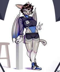  2022 anthro bat black_sclera bottomwear clothing crop_top dolphin_shorts fangs female footwear furniture gesture hair hand_gesture hi_res jacket jordan_(brand) leaning leotard mai_(mailboxmagee) mammal membrane_(anatomy) membranous_wings nike photo_shoot shirt shoes short_hair shorts sneakers solo stool teeth topwear v_sign wick_(artist) wings 