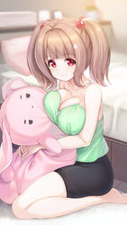  :3 bare_arms bare_shoulders barefoot bed black_shorts blunt_bangs blurry blurry_background breast_press breasts brown_hair cleavage closed_mouth collarbone commentary dot_nose female full_body green_shirt hair_bobbles hair_ornament highres hug indoors kageira large_breasts medium_hair original pillow plant potted_plant rabbit_hair_ornament red_eyes seiza shirt shorts sitting sleeveless sleeveless_shirt smile solo split_mouth stuffed_animal stuffed_rabbit stuffed_toy symbol-only_commentary twintails 