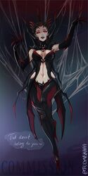  arthropod_girl artist_name black_hair blush breasts bug claws cleavage commission elise_(league_of_legends) english_text female full_body hands_up hat highres large_breasts league_of_legends looking_at_viewer navel shinaa_(maddynshinaa) shiny_skin short_hair smile solo spider_girl 