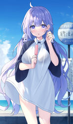  ahoge arm_up azur_lane black_bra bra breasts bus_stop_sign cowboy_shot dress female food hair_between_eyes hair_ornament hand_in_own_hair highres holding holding_food long_hair long_shirt medium_breasts outdoors popsicle purple_eyes purple_hair raglan_sleeves satsuki_yukimi see-through standing stuffed_animal stuffed_toy stuffed_unicorn two-tone_shirt underwear unicorn unicorn_(azur_lane) white_dress wide_sleeves 