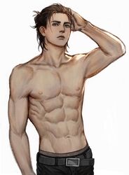  1boy abs absurdres aged_up areolae brown_male_underwear cowboy_shot ekit70 eren_yeager hand_on_own_head highres looking_at_viewer male_focus male_underwear male_underwear_peek pectorals shingeki_no_kyojin short_hair solo stomach toned toned_male topless_male underwear white_background 