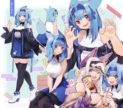  2girls akizone animal_ears bare_shoulders black_jacket black_legwear blue_hair breasts character_name cleavage commentary dog_ears dog_tail highres jacket long_hair multiple_girls multiple_views one_eye_closed open_mouth original purple_eyes red_eyes rene_(rirene) rirene_rn shirt shoes tail teeth thighhighs tongue tongue_out white_footwear white_hair white_shirt zonea_(akizone) 