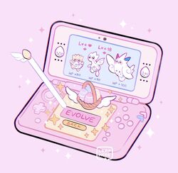  arrow_(symbol) artist_name bad_id bad_twitter_id basket buttons commentary egg leaphere new_nintendo_3ds no_humans pink_background pokemon signature simple_background sparkle stylus togekiss togepi togetic 