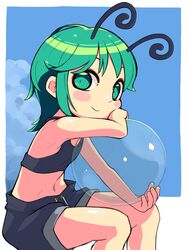  alternate_costume antennae arm_up ball bare_shoulders blue_background blue_shorts blush_stickers border closed_mouth eyebrows_hidden_by_hair feet_out_of_frame female flat_chest green_eyes green_hair hand_on_own_cheek hand_on_own_face highres holding holding_ball looking_at_viewer loose_pants midriff navel outside_border see-through short_hair shorts simple_background sitting smile solo touhou ugif white_border wriggle_nightbug 