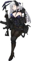  absurdres ak-12 ak-12_(girls&#039;_frontline) alternate_costume ammunition_pouch animal_ears assault_rifle between_breasts black_footwear black_gloves black_pantyhose blue_leotard braid breasts cleavage closed_eyes closed_mouth detached_collar elbow_gloves fake_animal_ears female french_braid fte_(fifteen_199) full_body girls&#039;_frontline gloves grey_hair gun harness headset high_heels highres holding holding_gun holding_weapon id_card kalashnikov_rifle knee_pads leotard long_hair long_sleeves medium_breasts necktie necktie_between_breasts pantyhose playboy_bunny pouch rabbit_ears rifle smersh strapless strapless_leotard tactical_playboy_bunny walkie-talkie weapon white_background white_wrist_cuffs wrist_cuffs 