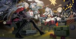  5girls animal_ears apple bad_id bad_twitter_id bare_shoulders black_legwear blonde_hair blue_hair bottle breasts brown_hair charolic_(girls&#039;_frontline_2) chicken_(food) closed_eyes closed_mouth colphne_(girls&#039;_frontline_2) commentary_request cup dark-skinned_female dark_skin drinking_glass fake_animal_ears food fruit full_body girls&#039;_frontline girls&#039;_frontline_2:_exilium gloves goggles goggles_on_head grey_hair hair_between_eyes hair_ribbon hat highres long_hair long_sleeves looking_at_another mayling_shen_(girls&#039;_frontline_2) medium_hair multiple_girls nemesis_(girls&#039;_frontline_2) night one_eye_closed open_mouth orange_eyes ots-14_(girls&#039;_frontline) outdoors ponytail portable_stove purple_eyes rabbit_ears red_eyes red_ribbon ribbon shirt shishio_(shishio5431) shorts sitting standing standing_on_one_leg twintails white_shirt wine_bottle wine_glass 