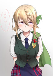  absurdres arm_behind_back badge blonde_hair blue_necktie blue_skirt braid braided_bangs cape commentary_request cowboy_shot dress_shirt female gradient_background green_cape green_vest highres kantai_collection looking_at_viewer necktie perth_(kancolle) plaid plaid_skirt pleated_skirt school_uniform shirt short_hair short_sleeves skirt solo tiger_(tiger-kimu) translation_request vest white_background white_shirt 