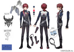  1boy belt black_footwear black_gloves black_pants cleavage_cutout clothing_cutout cocokanata colored_tips feathers fingerless_gloves gloves green_eyes hair_behind_ear highres lauren_iroas lauren_iroas_(1st_costume) looking_at_viewer male_focus multicolored_hair multiple_views nijisanji official_art pants pectoral_cleavage pectorals purple_hair red_hair reference_sheet virtual_youtuber white_background 